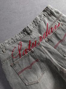 Manfinity Denimwave Men's Straight Leg Embroidered Denim Shorts Shorts With Vintage Written On Them For Men - Light Grey - View 7