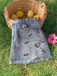 Comfortcana Plus Size Women's Light Blue Distressed Cherry Embroidery Denim Mini Skirt,Cute Summer Vacation Beach Holiday Festival Country Concert - Medium Wash - View 6
