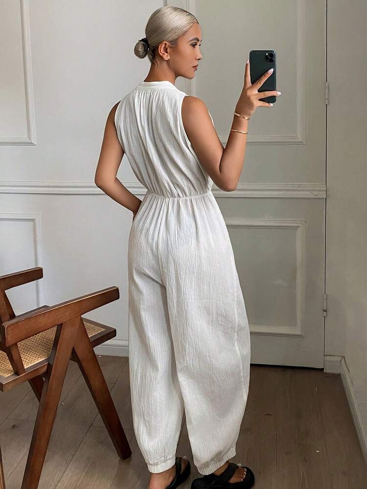 Women's Solid Color Knotted Waist Casual Jumpsuit For Daily Wear & Home