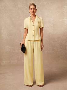 Lumalex Ensemble blazer et pantalon élégant de couleur unie à manches courtes pour le travail - Jaune clair - Voir 8