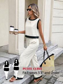SHEIN PETITE CURVE 大码女式法式夏季度假休闲奶油黄亚麻撞色饰边吊带背心和长裤两件套，无袖圆领亚麻后背纽扣上衣和长裤套装，时尚亚麻无袖两件套裤装，适合夏季办公室通勤、夏季套装、夏季沙滩套装、夏季裤装套装、波西米亚风两件套、显瘦休闲套装、夏季度假装 - 彩色 - 查看 1