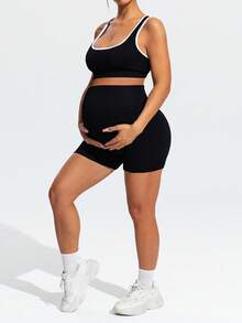 SHEIN 孕妇露脐上衣配腰带和高腰短裤运动套装 - 黑色 - 查看 7