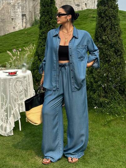 Dazy Plus Vintage Denim Set, Loose Turndown Collar Street Style Denim Shirt & Wide Leg Jeans, Plus Size Women Spring/Summer 2-Piece Denim Outfit