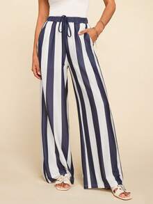 Women's Casual Romantic Elegant Minimalist Striped Straight Leg Pants, Suitable For Spring/Summer Beach Vacation - Blue and White - View 1
