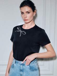 Women's Rhinestone Bow Graphic Round Neck Short Sleeve Casual T-Shirt - Black - View 5