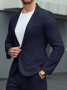Manfinity Mode 男士春夏休闲蓝色商务正装西装套装（两件套），包括外套和裤子 - 藍色 - 查看 6