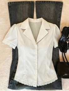 Pariaura INS Vintage White Gingham Shirt,French Collar Short Sleeve Lace Patchwork Fitted Cardigan Blouse For Women,Elegant Summer Brunch Classy Women's Shirts - Khaki - View 2