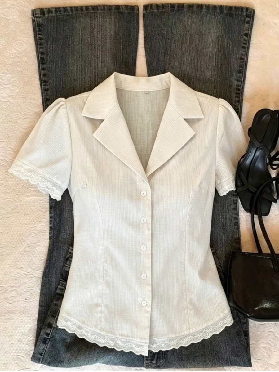 Pariaura INS Vintage White Gingham Shirt,French Collar Short Sleeve Lace Patchwork Fitted Cardigan Blouse For Women,Elegant Summer Brunch Classy Women's Shirts