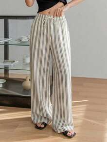 Dazy-Less Pantalones casuales de mujer con cintura con cordón y rayas de verano - Blanco y Negro - Ver 2