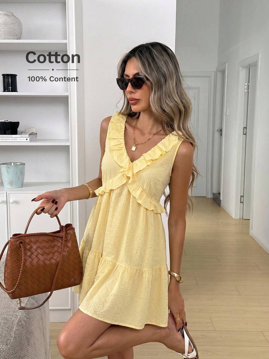 Easowa Đầm mini mùa hè dáng rộng, không tay, cổ chữ V, màu trơn, có bèo nhún ở gấu váy dành cho nữ. - Màu vàng - Xem 1