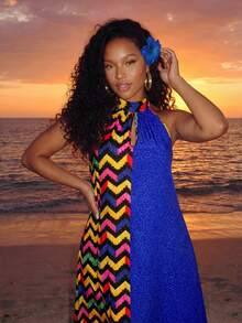 VaVaBold Women's Color Block Halter Neck Casual Vacation Dress, Suitable For Summer - Multicolor - View 6