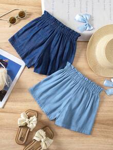 SHEIN 2pcs/Set Girls Casual Solid Color Bow Decor Shorts,Summer Young 2-Piece Set Light And Dark Blue Elastic Waist Ruffled Waistband For - Multicolor - View 8