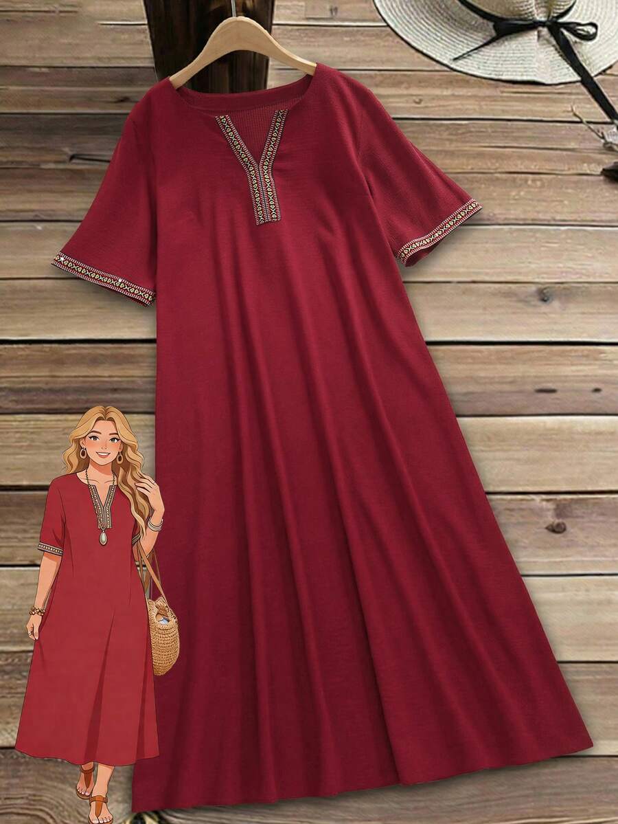 Rusticease Plus Size Women Burgundy Boho Summer Embroidered Minimalist Versatile Dress,Suitable For Vacation,Dates,Beach,Festival & Casual Mothers Day Outfits - Burgundy - View 1