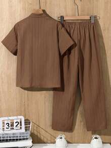 SHEIN 2pcs Kids/Tween Boys' Casual Comfortable Stand Collar Open Front Loose Short Sleeve Shirt And Straight Loose Pants Set - Brown - View 2