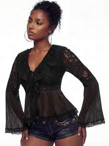 女士蕾丝拼接缎面褶裥长喇叭袖衬衫 - 黑色 - 查看 8