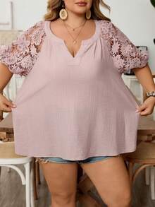 SHEIN CURVE+ Ladies' Elegant Embroidered Three-Dimensional Floral Lace Fabric Splicing Shirt With Plus Size For Spring And Summer, New 2026 Spring And Summer Shirt - Dusty Pink - View 6
