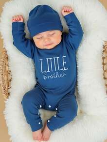 SHEIN Set de 2 piezas Conjunto de ropa para fotografía de recién nacido niño. Incluye body con bordado de "Little Brother" para salida del hospital y regalo de baby shower para bebé de 1 a 3 meses. Accesorios para sesión de fotos de bebé. - Azul - Ver 1