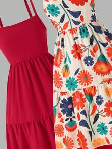 Girls Casual Floral Print Camisole Dress And Solid Red Dress Set, Suitable For Outdoor Vacation - Red - View 5