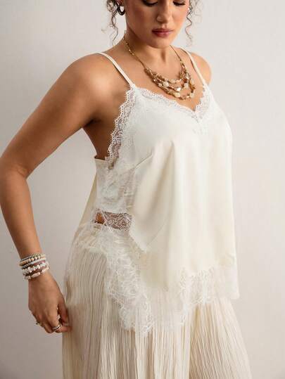 Freevana French Lace-Trim Cami Top – V-Neck Eyelash Lace Detail With Spaghetti Straps And Sheer Lace Hem, Flowy Elegant Women's Summer Camisole For Layering Or Standalone Wear