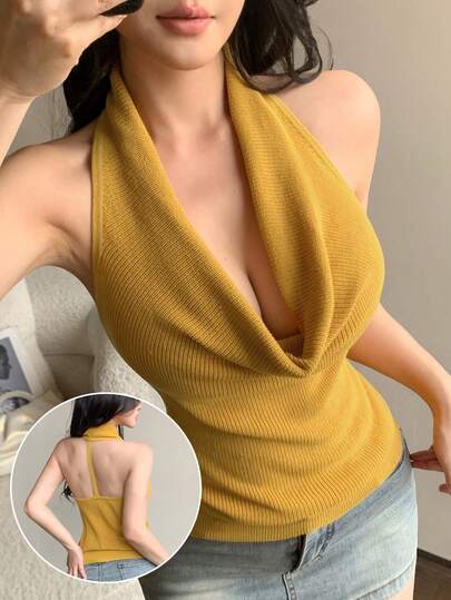 Joudiya Women's Solid Color Drape Neck Backless Knit Top