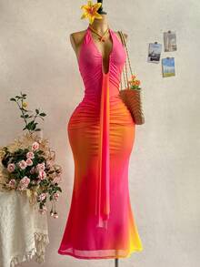 Soleia Women's Sexy Backless Tie-Front Ombre Ruched Bodycon Fishtail Hem Dress, Suitable For Beach Vacation - Pink - View 9