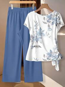 EMERY ROSE Bộ đồ nữ gồm áo sơ mi thắt nơ và quần ống đứng dáng rộng, kiểu dáng thường ngày. - Nhiều màu - Xem 2