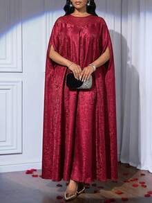SHEIN Lady Women's Solid Color Round Neck Cape Sleeve Dress - Burgundy - View 2
