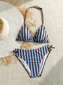 SHEIN Bộ đồ bơi tankini hở lưng kẻ sọc dành cho thiếu nữ, đồ bơi hai mảnh thời trang, họa tiết ngẫu nhiên, thích hợp cho kỳ nghỉ hè ở bãi biển. - Nhiều màu - Xem 3