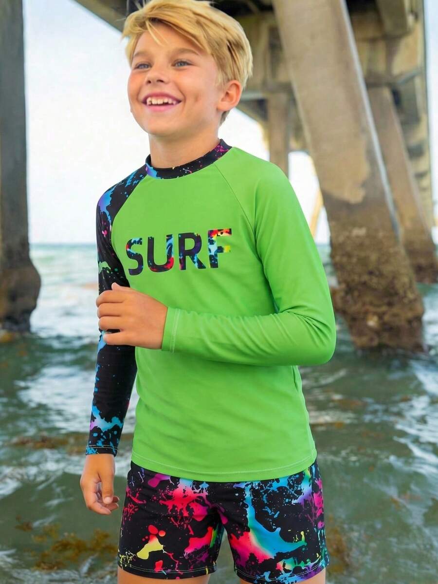 SHEIN Conjunto de tankini de 2 piezas informal y ajustado con estampado fosforescente de videojuegos para niño preadolescente, adecuado para primavera/verano, vacaciones en la playa - Multicolor - Ver 1