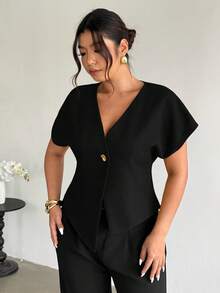 Firerie Camisa de talla grande de unicolor elegante con un solo botón en la cintura, adecuada para ir al trabajo en verano - Negro - Ver 3