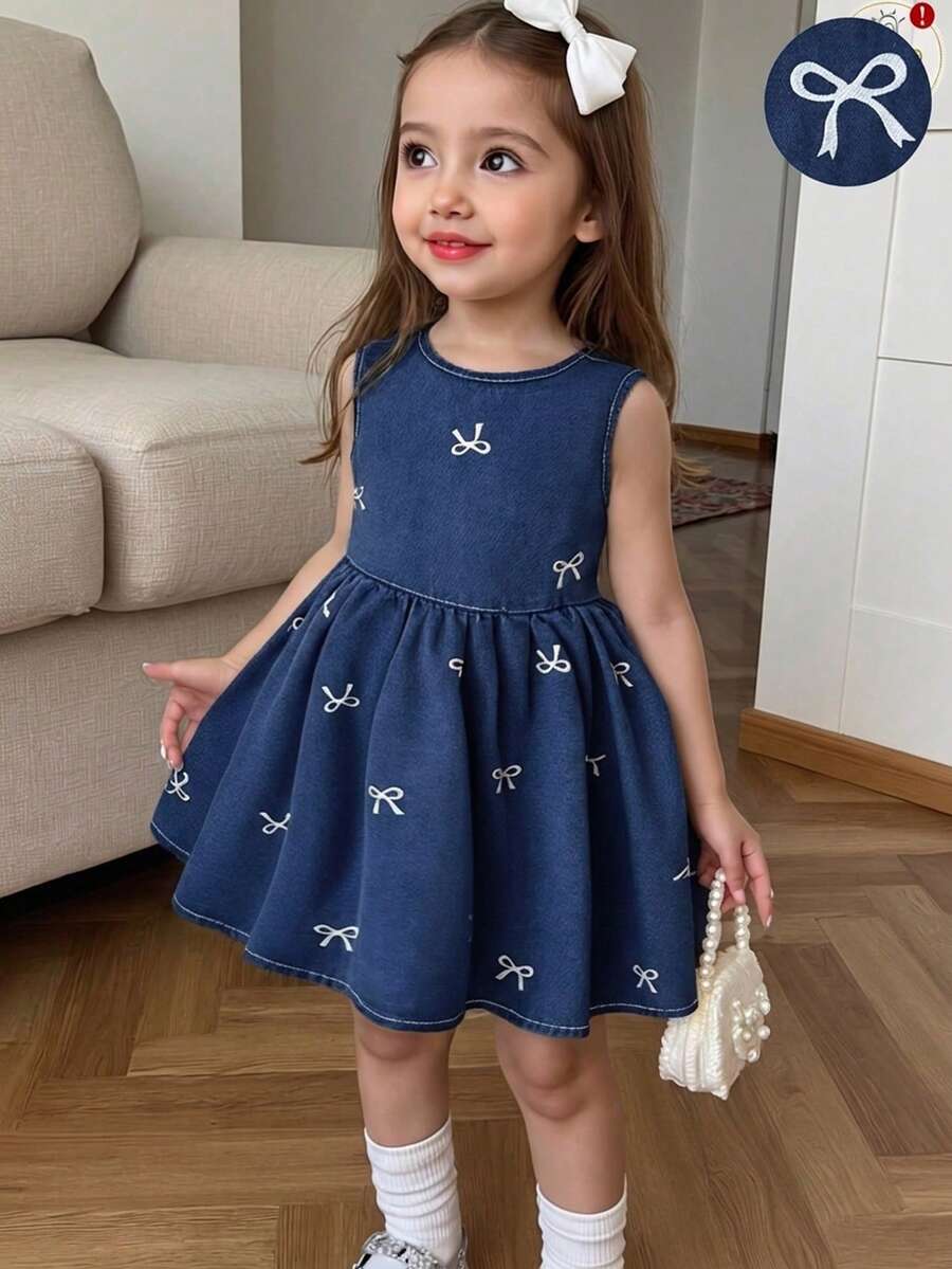 Young Girl' White Bow Decor Blue Denim Sleeveless Dress - Dark Wash - View 1