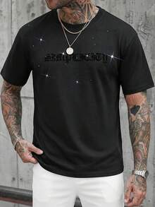 SLATEMANN Men's Black Summer Streetwear T-Shirt,Short Sleeve Round Neck Flocked Letter Rhinestone Decor,Comfortable Casual City Break Fashion Party Gift Tee - Black - View 5