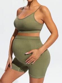 SHEIN Set sportivo casual di reggiseno e pantaloncini tinta unita da maternità - Verde Oliva - Visualizzare 8