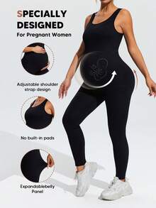 SHEIN Maternity Casual Solid Color Elastic Round Neck Jumpsuit,Word Cup - Black - View 10