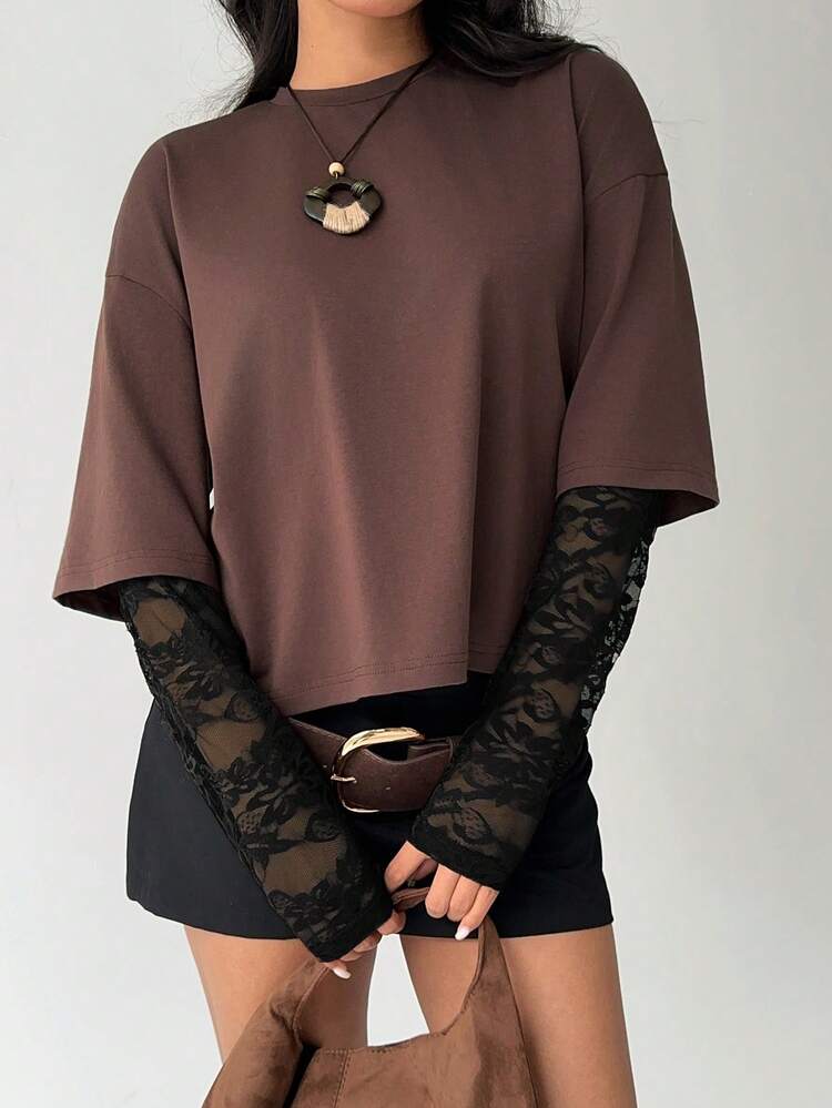 Aloruh Áo thun nữ dáng ôm cổ tròn màu trơn, kiểu dáng thường ngày, phối ren ngọt ngào. - Cà phê nâu - Xem 1