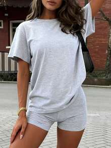 INAWLY Women's Casual Solid Color T-Shirt And Shorts 2 Pieces Set, Summer - Light Grey - View 4