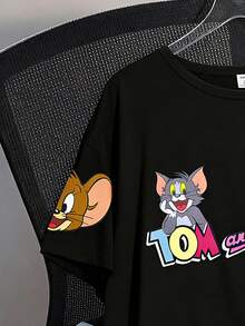 TOM & JERRY X SHEIN GraphicGems 青少年女孩黑色圓領全印花卡通字母短袖T恤，適合學校、夏季外出 - 黑色 - 查看 4