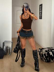 Coolane Women's Summer  Streetwear Daily Wear  Casual Sexy Chic Rib Knit Stretchy Brown Contrast Lace Tank Tops Summer Outfit For Women Brown Top - Coffee Brown - View 2