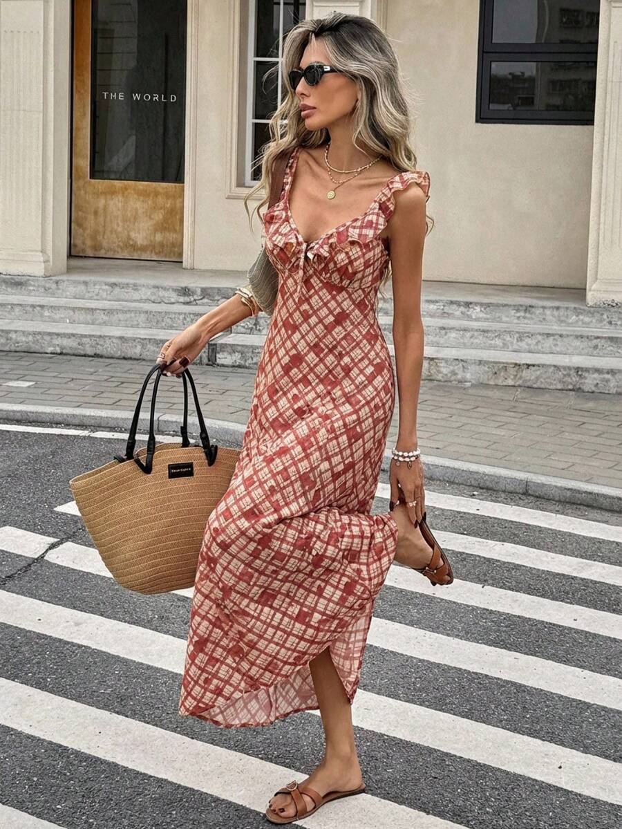 Women's Ruffle Hem Front Tie Plaid Elegant Mid-Length Dress,Women's Summer Red Plaid Ruffle Trim Tie Front Maxi Dress For Beach Vacation,Casual Country Style Red Checkered V-Neck Sleeveless Dress Elegant Summer Holiday Outfit,Romantic Red Plaid Ruffle Detail Slip Dress Summer Beach Vacation Dresses For Women,Summer Dresses For Women Picnic Dresses For Women, Greece Vacation Outfits Women, Plaid Dress, Ruffle Sleeve Dress,Holiday Outfits For Women ,Summer Holiday Outfits ,Casual Suit, Suitable For Everyday Wear. - Dark Red - View 1