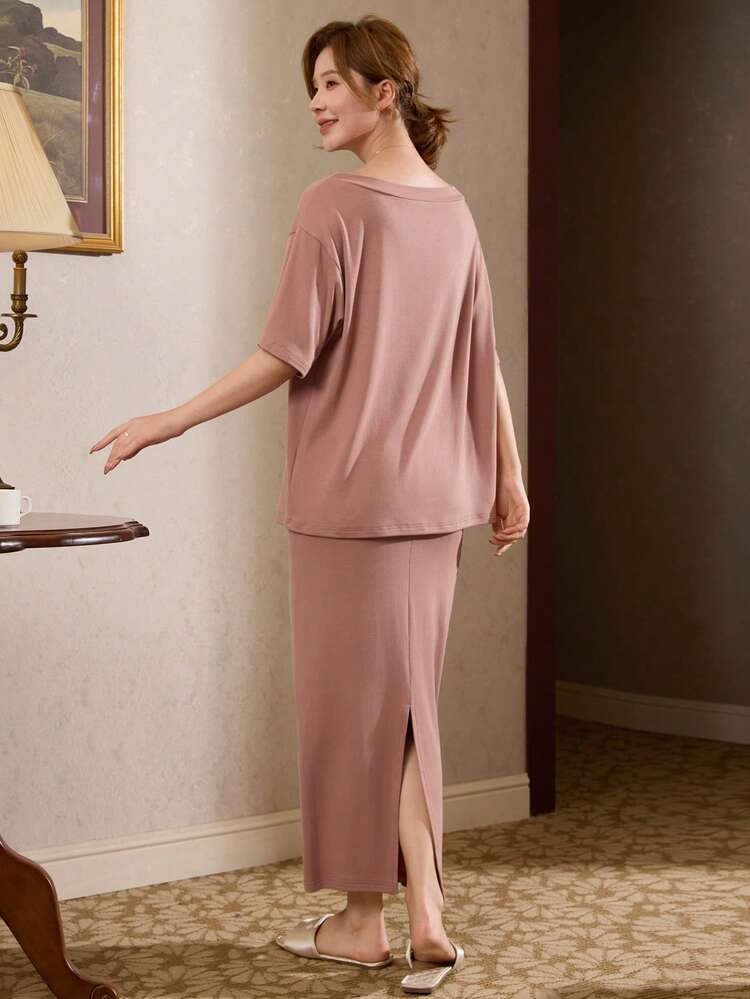 Minimalist Knit Off-Shoulder Top And Mini Skirt Set, Women Loungewear