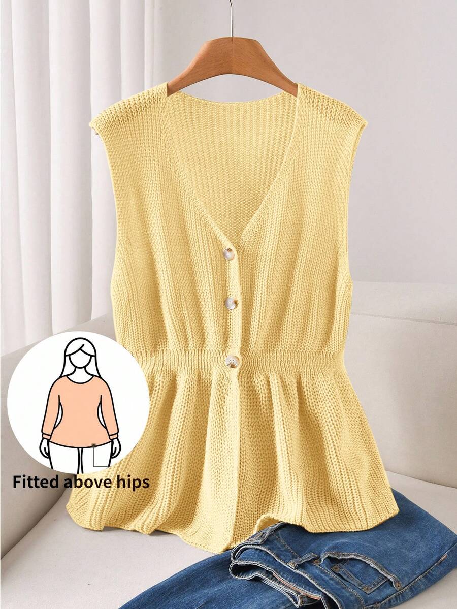 CosyJoli Cárdigan de punto sin mangas de cuello en V y abotonadura sencilla para mujer de talla grande - Amarillo - Ver 1