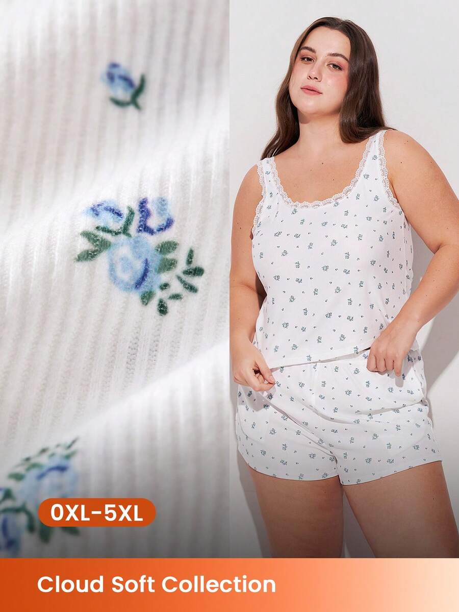LUVLETTE Cloud Soft Summer Airy Daily Versatile Plus Size Pajama Set - Lace-Trimmed Floral Camisole & Short S Multi-Wear Home & Casual Wear - White - View 1