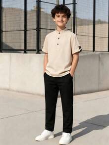 Vacaura 2pcs/Set Teenage Boys' Stand Collar Casual Versatile Shirt + Solid Color Simple Pocket Pants Outfit, Suitable For Daily Wear & Outdoor - Apricot - View 1