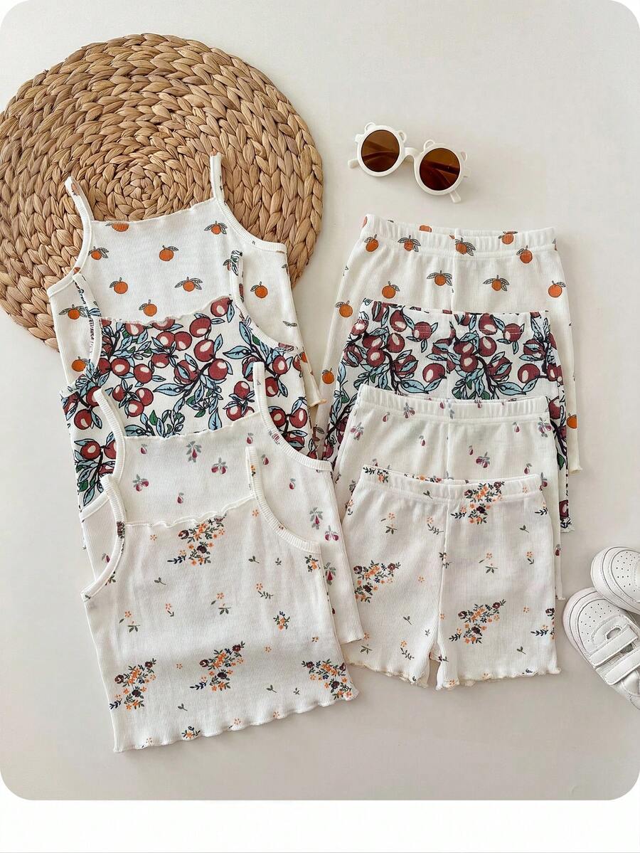 8pcs/Set Baby Girl Casual Solid Color Knit Camisole Top And Shorts Set - Multicolor - View 1