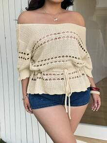 SHEIN CURVE+ 大尺碼女款休閒簡約優雅浪漫溫柔日常通勤街頭風百搭度假野餐設計感上衣，年輕露肩短袖抽繩鏤空荷葉邊杏色收腰大尺碼套頭上衣時尚針織鉤編毛衣，春夏針織罩衫女上衣露肩上衣女上衣女款新品襯衫女休閒現代最新女上衣新品 - 杏色 - 查看 6