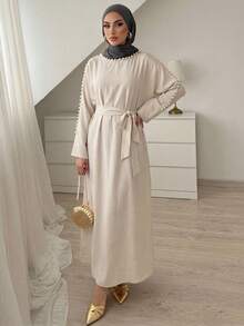 Selianne Vestido Longo Elegante de Estilo Resort Feminino, Cor Sólida com Decoração de Pérola Falsa no Cinto, Primavera/Outono - Damasco - Visão 4