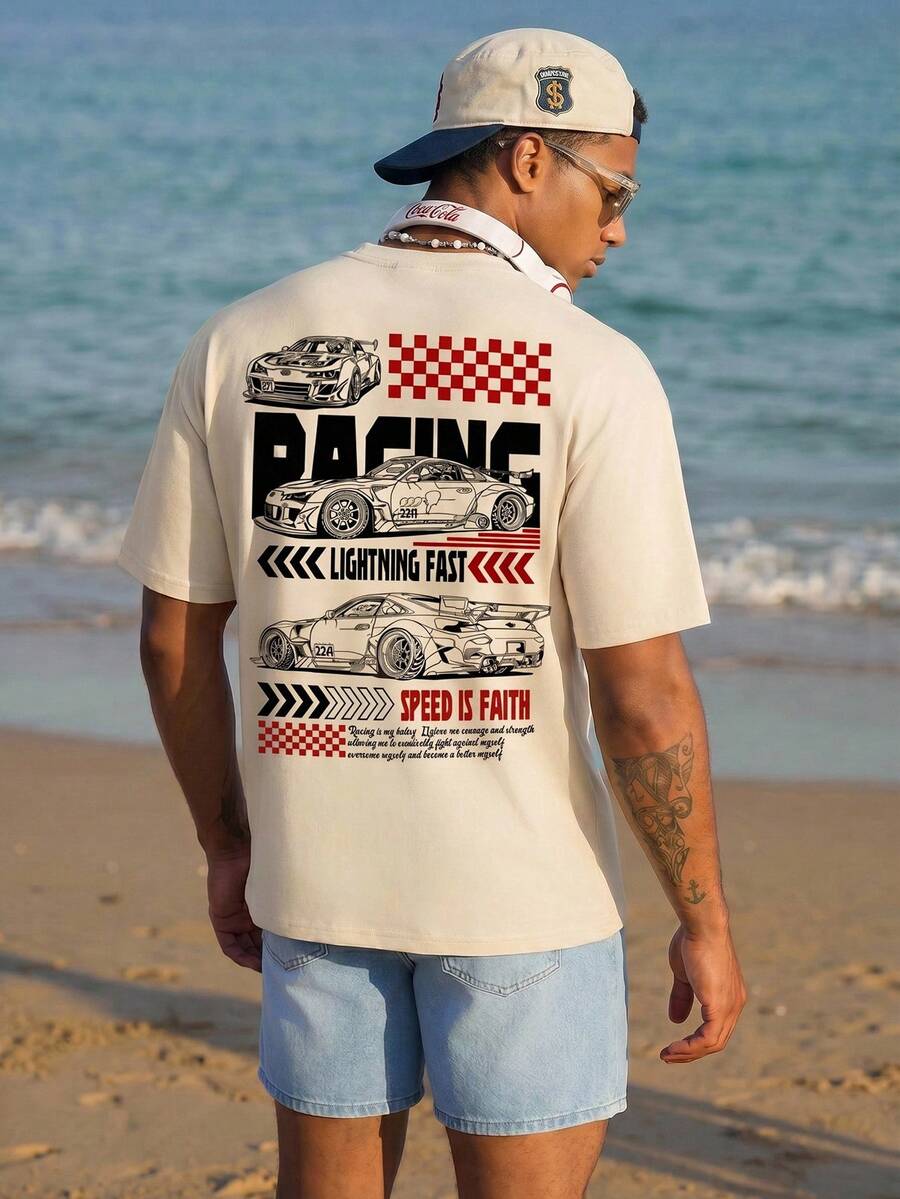 Manfinity EZcore Men Plus Size Summer Casual T-Shirt With Slogan And Race Car Graphic Print, Short Sleeve, Going Out Street Wear - Khaki - View 1