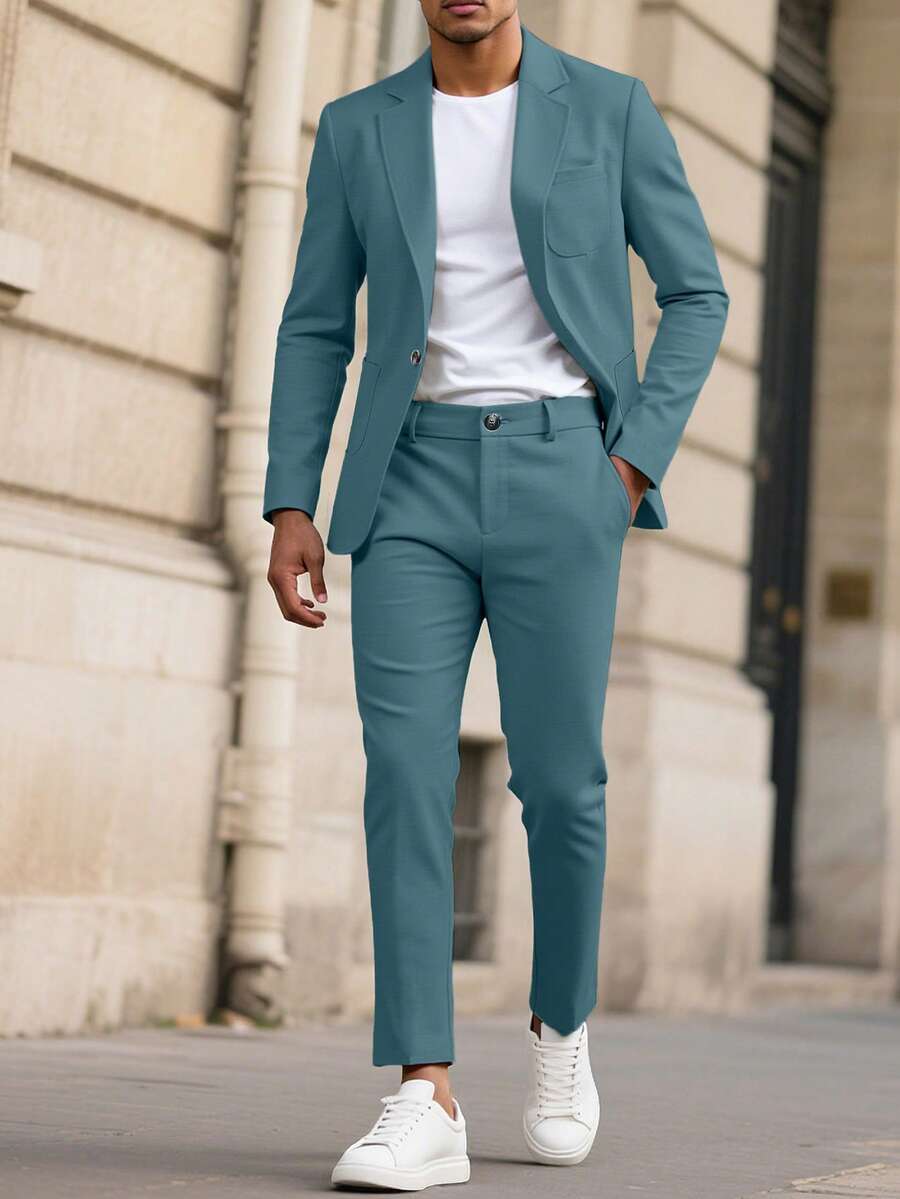 Manfinity Mode Men's Light Grey V-Neck Casual Suit Set, Spring/Summer - Teal Blue - View 1