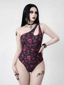 ROMWE Goth Women's Hollow Black Pink One-Piece Swimsuit, Sexy K Pop Casual Beach Nightwear For Spring/Summer Vacation, Beach Party - Multicolor - View 3