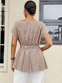MaterniWear Áo sơ mi bà bầu thời trang, đa năng, kẻ sọc, cạp chun, thích hợp cho các chuyến đi chơi và du lịch. - Màu Khaki - Xem 2
